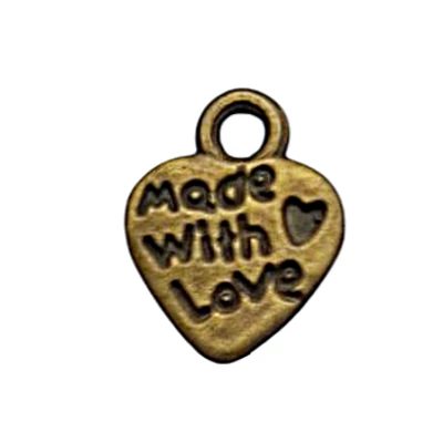 Antik bronz szív medál &quot;Made with Love&quot; felirattal