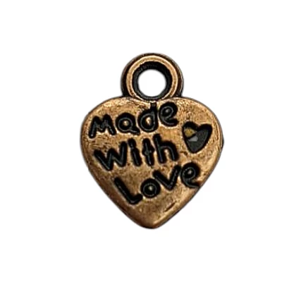 Antik vörösréz szív medál &quot;Made with Love&quot; felirattal