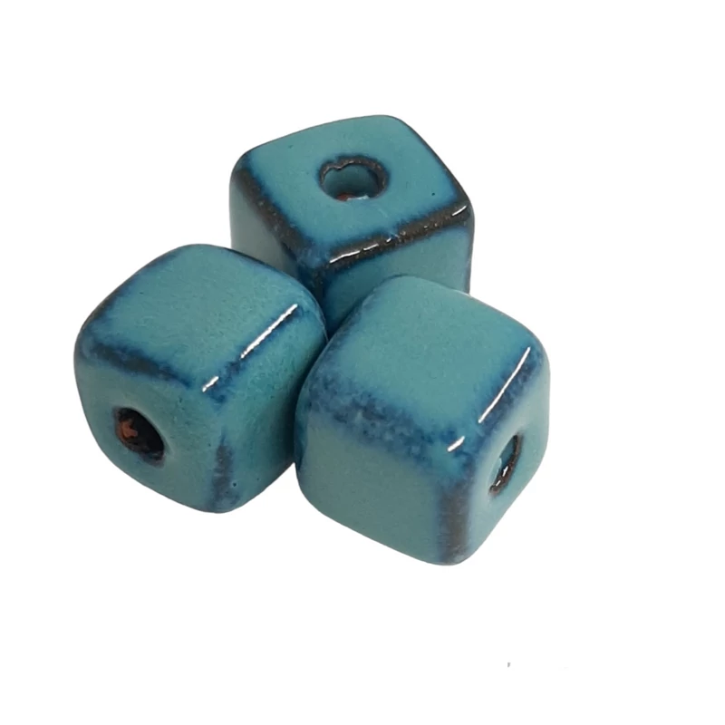 Mázas görög kerámiagyöngy kocka 12x12mm-es Parrot Blue